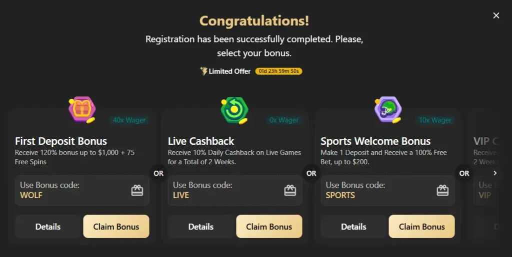 Wolf.io Casino Bonus Selection after the Registration